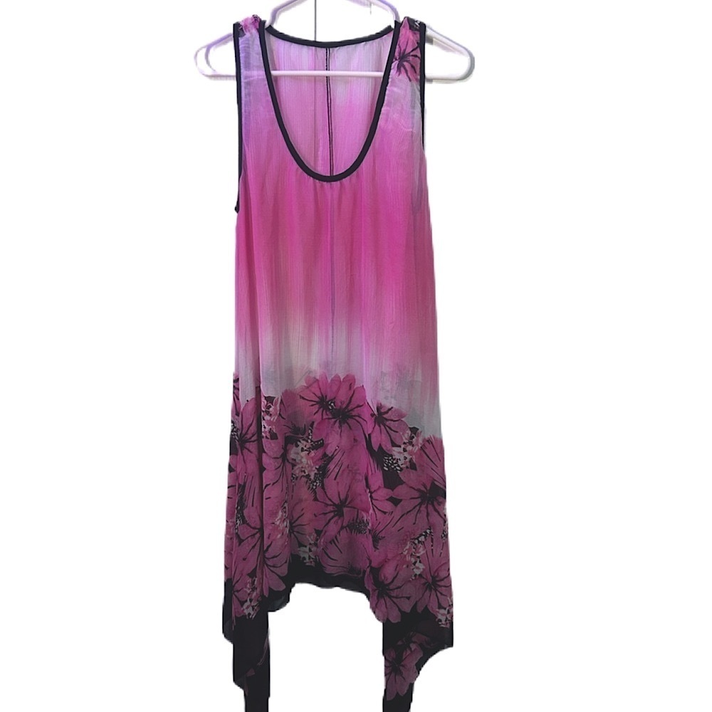 Pink Floral tie dye ombre transparent see through Sleeveless asymmetrical dress